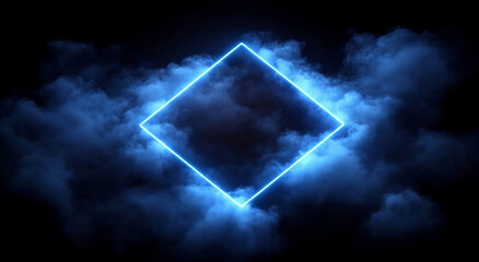 A bright blue neon square shines through the darkness, illuminating wispy clouds