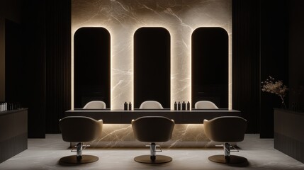 Sophisticated hair styling event modern salon interior design elegant setting wide angle luxury experience