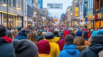 Excited crowd welcoming new year city street celebration urban environment wide angle festive spirit