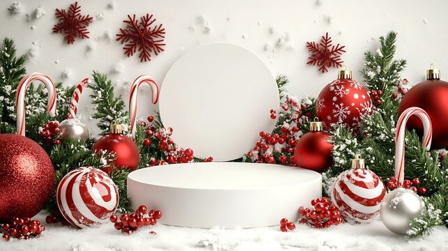 Create a festive holiday display with red and white christmas decorations surrounded by lush greenery and snowflakes