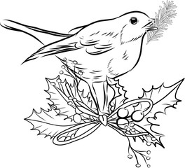 Robbin with Christmas decoration.Hand drawn ink vector illustration.