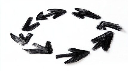 Fototapeta premium Black arrows forming a circular pattern on a white isolated background.