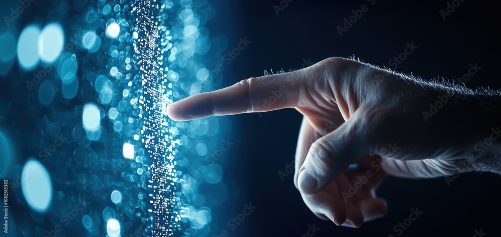 Aufkleber blockchain healthcare trial concept. a close-up of a hand reaching out to touch shimmering particles