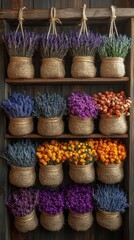 Fototapeta premium Various dried flowers on a shelf.