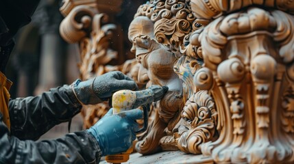 Fototapeta premium A worker wearing blue gloves cleans a stone sculpture with a power tool.
