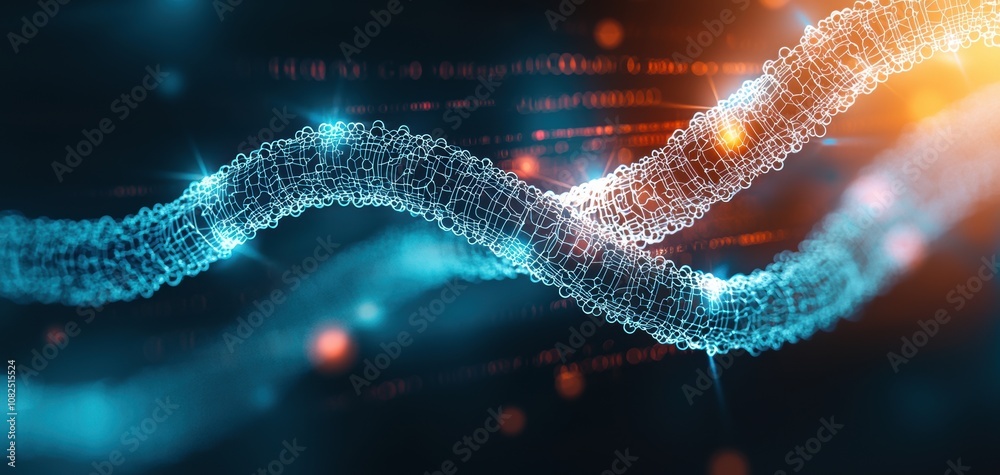 Poster Blockchain Healthcare Trial concept. A dynamic display of glowing blue and orange waves, representing data flow and digital technology, with a backdrop of shimmering particles.