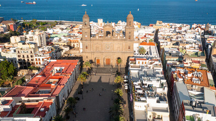 Aerial photo from drone to cityscape of Las Palmas , featuring the Cathedral of Santa Ana. Las Palmas de Gran Canaria, Canary Islands, Spain