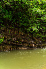 Natural green rocky wall with wet stones