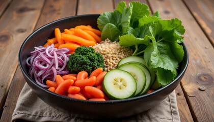 Colorful fresh salad bowl with assorted vegetables and grains on a rustic wooden table