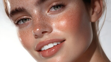Naklejka premium Beauty portrait of a young woman with freckles studio setting high-quality photography soft lighting close-up view skincare concept for optimal appeal