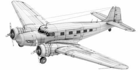 A sketch of a vintage airplane in flight, isolated on a white background