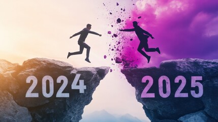 Leap towards the future two figures bridging the gap between 2024 and 2025 rocky terrain digital art dynamic perspective aspirational theme