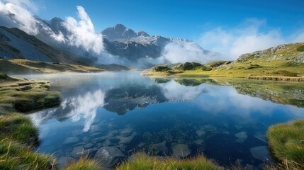Fototapeta premium A serene mountain lake with crystal-clear water reflecting the surrounding peaks and clouds in a picturesque scene.