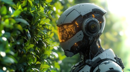 An android utilizing a holographic scanner in a lush, green environment during daylight