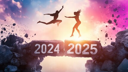 Dynamic leap into the future 2024-2025 transition celebration urban setting digital art vibrant sky inspirational viewpoint