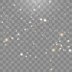 Magical light dust, dusty shine. Flying particles of light. Christmas light effect. Sparkling particles of fairy dust glow in transparent background. Vector illustration on png