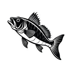 sea bass fish design, labeled linocut vector silhouette illustration.