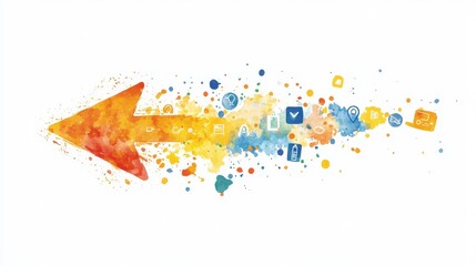 Fototapeta premium Colorful arrow with splashes and digital icons on white isolate background