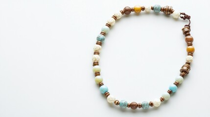 A colorful beaded necklace featuring various materials and textures.
