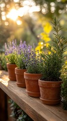 Fototapeta premium Herbs growing in terracotta pots.