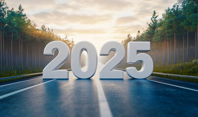 A white big thick 3D number "2025" stands on the side of a long highway in the middle of a stunning forest at sunrise. Happy new year concept. 

