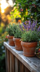 Rustic pots with lavender at sunset.