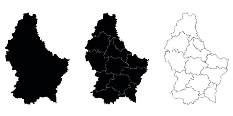 Map of Luxembourg in three styles: solid black, filled with regions, and outline.