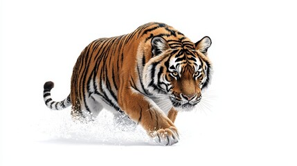 Fototapeta premium A majestic tiger prowling through a snowy landscape, showcasing its strength and beauty in a powerful display of nature.