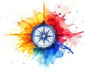 Colorful compass design with watercolor splash background, white isolated.