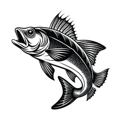 sea bass fish design, labeled linocut vector silhouette illustration.