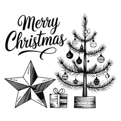 Merry Christmas with lettering vector illustration. Text with tree,gift.