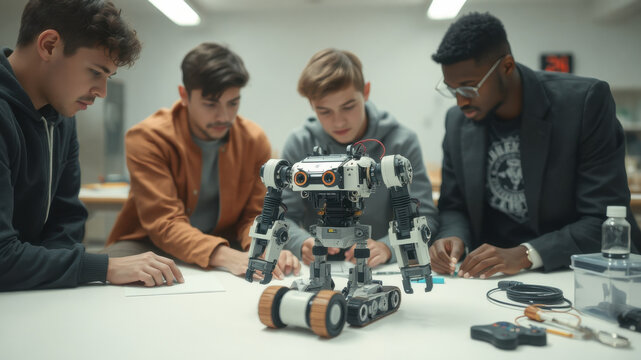 Engaged high school students collaborating on robotics project, showcasing teamwork and innovation. robot stands at center, highlighting creativity and technology