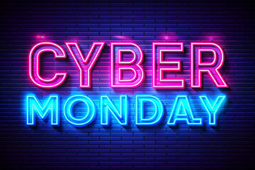Obraz premium Neon text Cyber Monday Banner, Glowing neon Text and Title of Cyber Monday