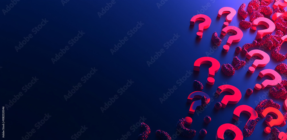 Poster Red question marks are scattered on a blue background, creating a sense of mystery and uncertainty