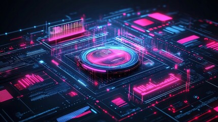 Fototapeta premium Futuristic digital technology interface with glowing lights and circuit board design.
