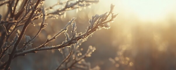 Obraz premium Frost-covered branches glisten in the warm glow of sunlight during a cold morning.