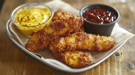 Crispy Fried Chicken Tenders with Dipping Sauces on Rustic Wooden Surface