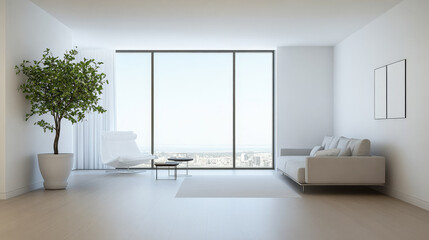Fototapeta premium Minimalist living room with large windows and city view during daytime