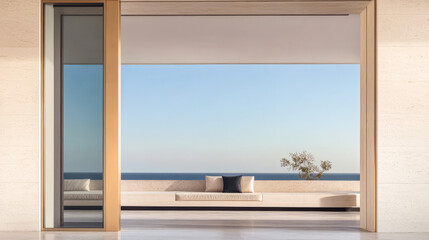 Elegant coastal living room with panoramic ocean view during daylight