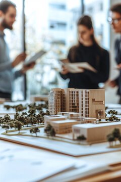 Architects working with architectural model of a sustainable modern residential building