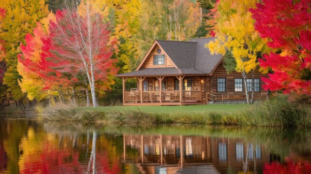 Autumn cabin with colorful foliage reflecting on tranquil water surface.