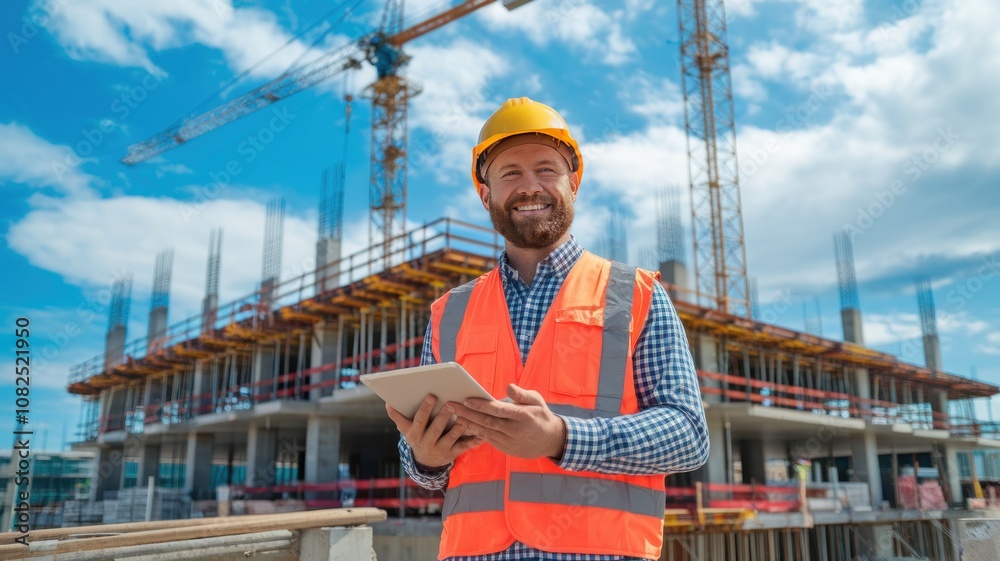 Wall mural Construction worker with tablet smiling on site with cranes and building in background