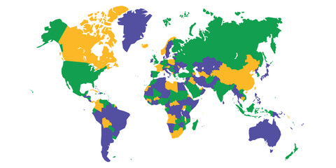 Fototapeta premium World map with countries shown in green, orange, and purple.