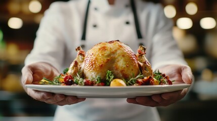 A chef is holding a fresh roasted turkey serving thanksgiving dinner.
