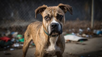 Fototapeta premium Confused and Worried Boxer Mix Dog Stands in Urban Environment Surrounded by Debris, Showcasing Emotions in Its Expressive Face and Unique Appearance