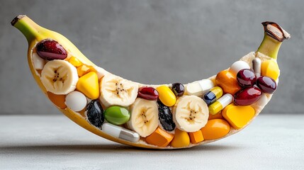 Crosssection of a banana with inner layers made of colorful vitamin patterns, energy focus