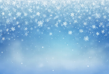Obraz premium Blue snow background, many falling snowflakes in white. Suitable for winter themed designs, holiday greeting cards, and festive decorations.