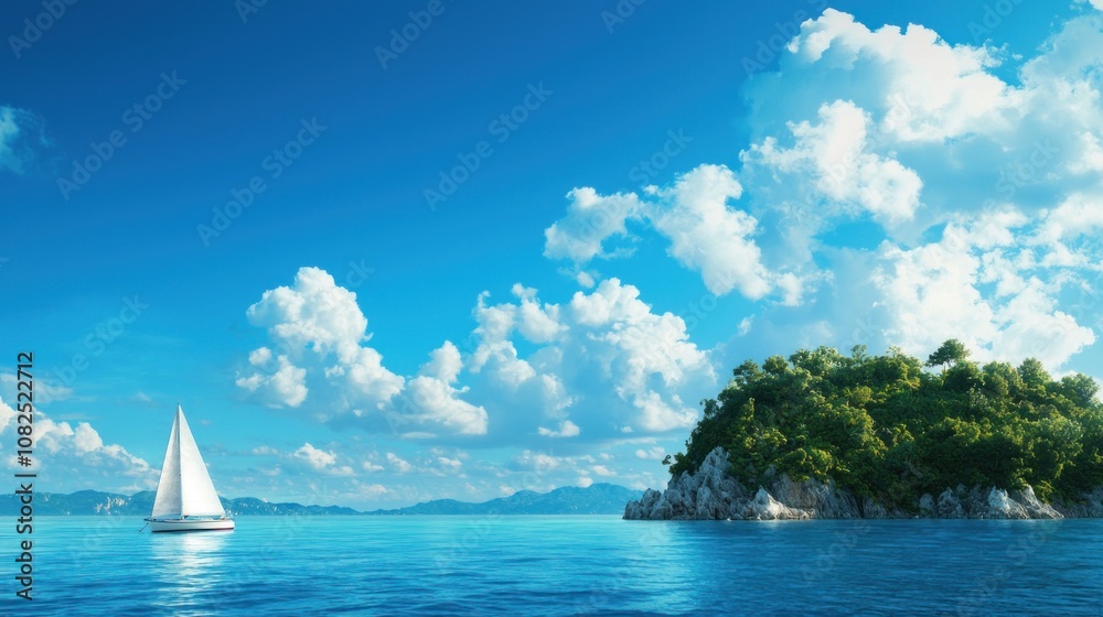 Wall mural sailboat navigating calm waters with lush island and vibrant clouds in the background