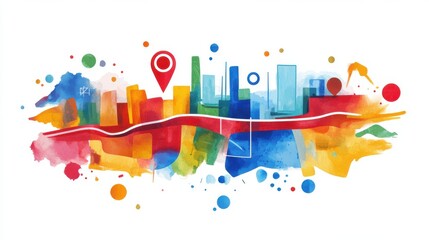 Obraz premium Colorful watercolor city skyline with abstract elements and location pin.