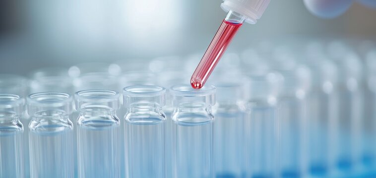 Blockchain Healthcare Trial concept. A close-up of a laboratory dropper dispensing a red liquid into a row of clear test tubes, showcasing a scientific experiment or analysis process. - Powered by Adobe
